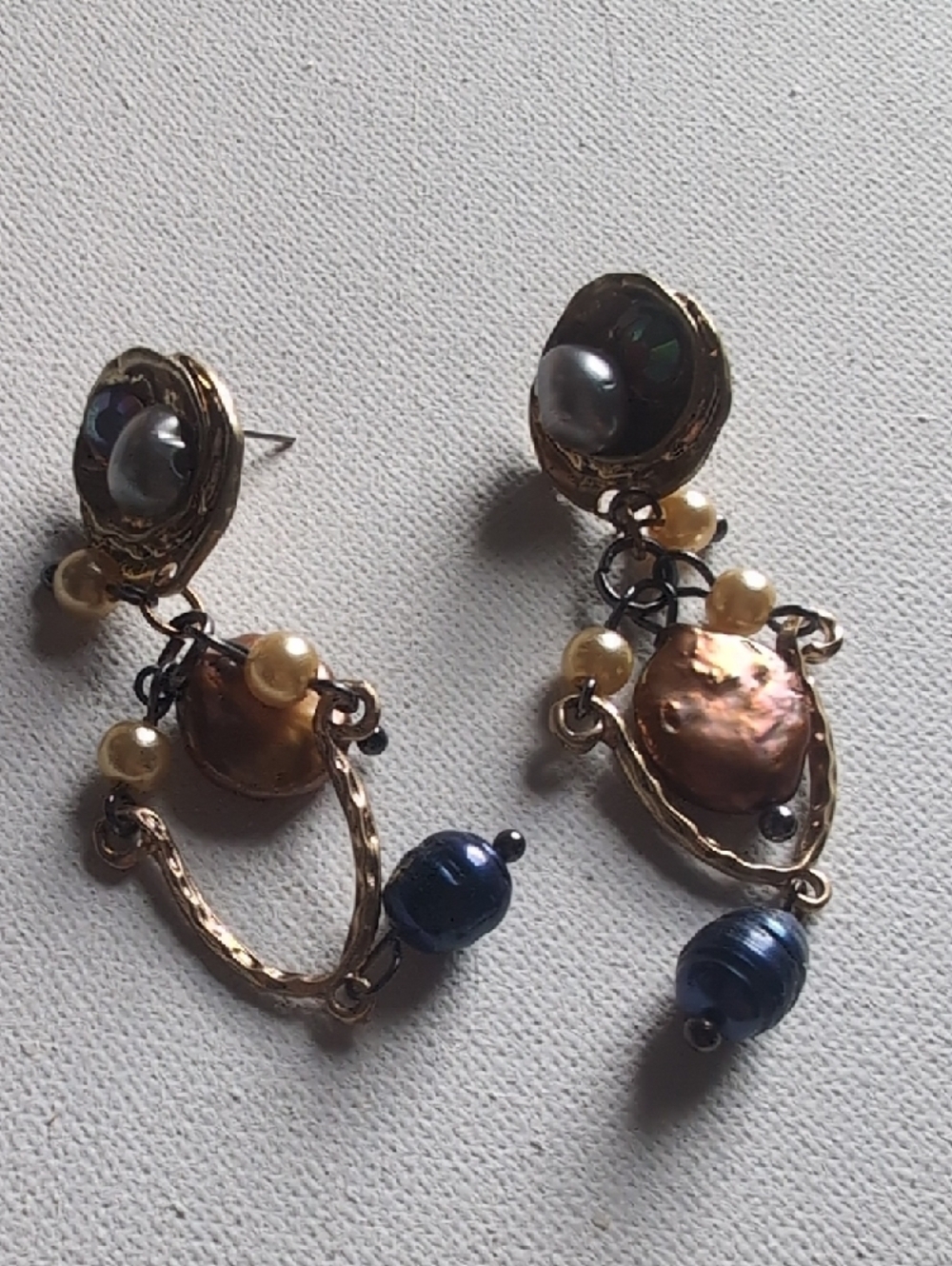 Handcrafted Pearl and Bead Drop Earrings - Gold Tone with Peach and Blue Accents